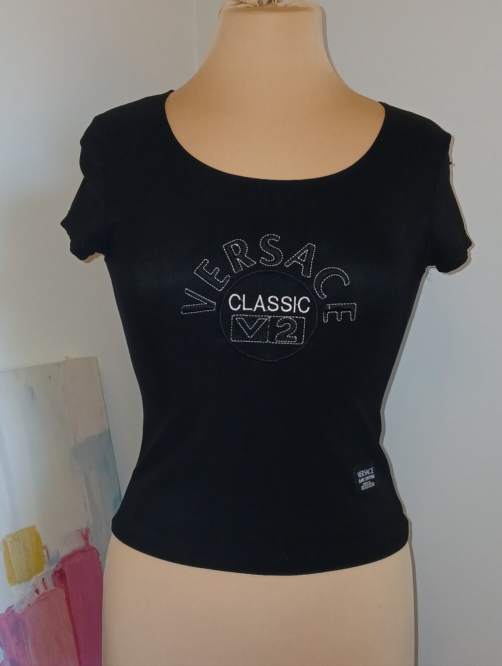 Auth 90s Versace V2 Scoop Neck Heavy Ribbed Fitted Logo Tee, Black, Vintage